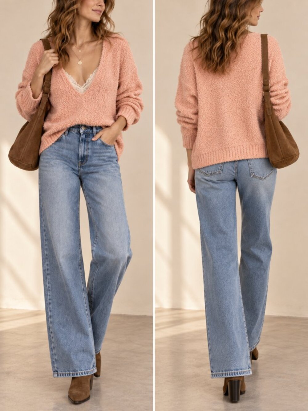 Free People Finders Keepers Nude Peach Fuzzy V-Neck Sweater Size L